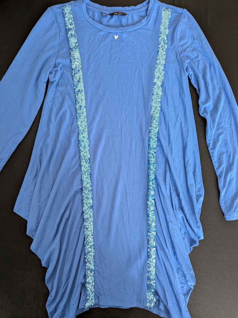 Guess Blue Embellished Sequin Tunic Top Asymmetrical Drape Size 10 EUC